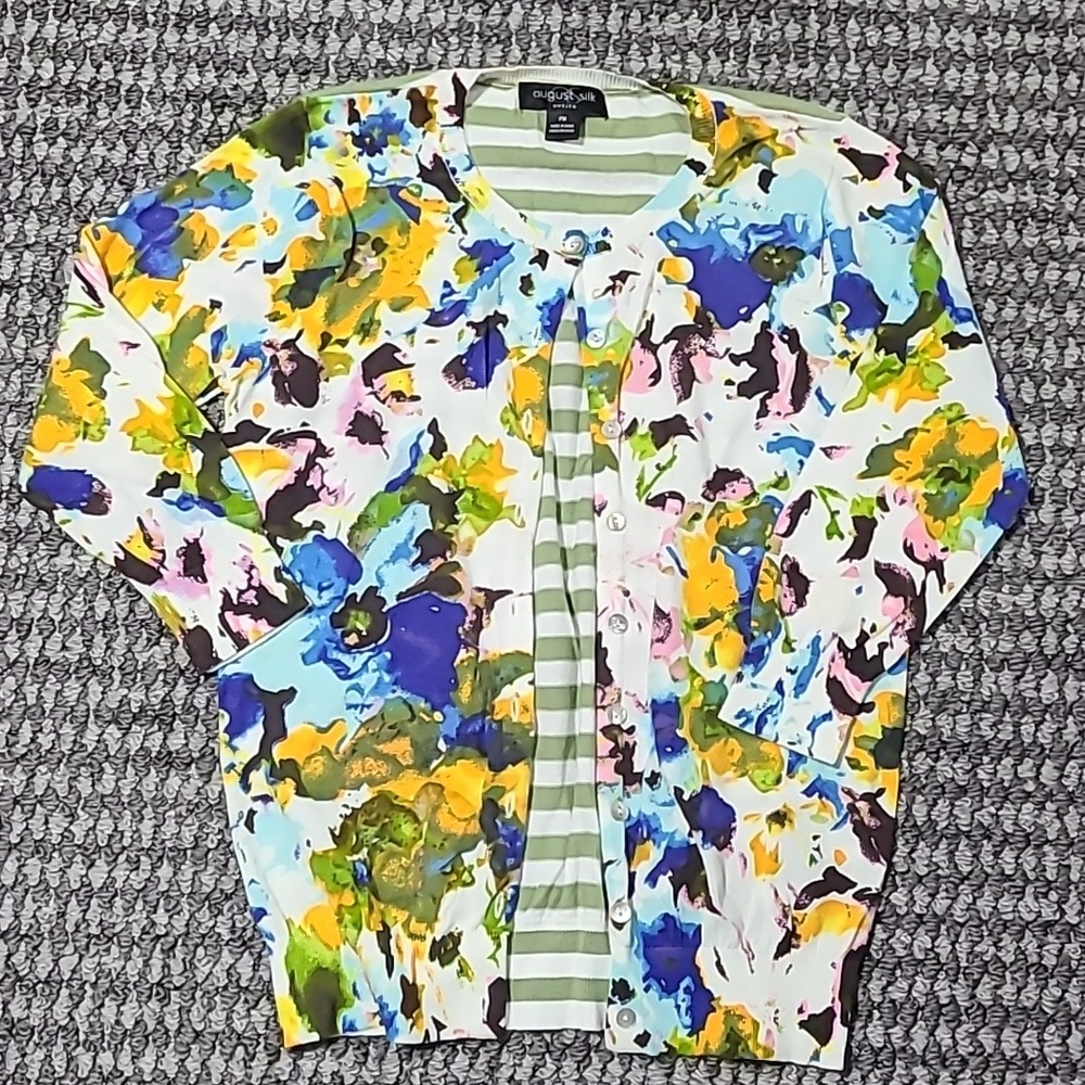 August Silk Petite M Cotton Cardigan‎ Floral Striped PM